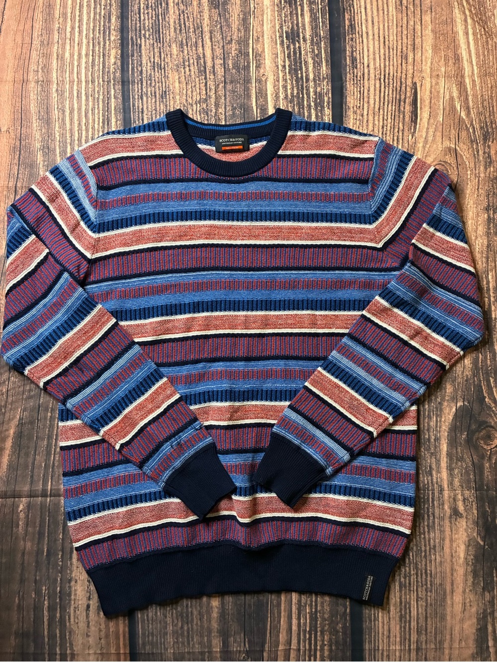 Scotch & Soda men Striped Crewneck Sweater in Blue and Burgundy